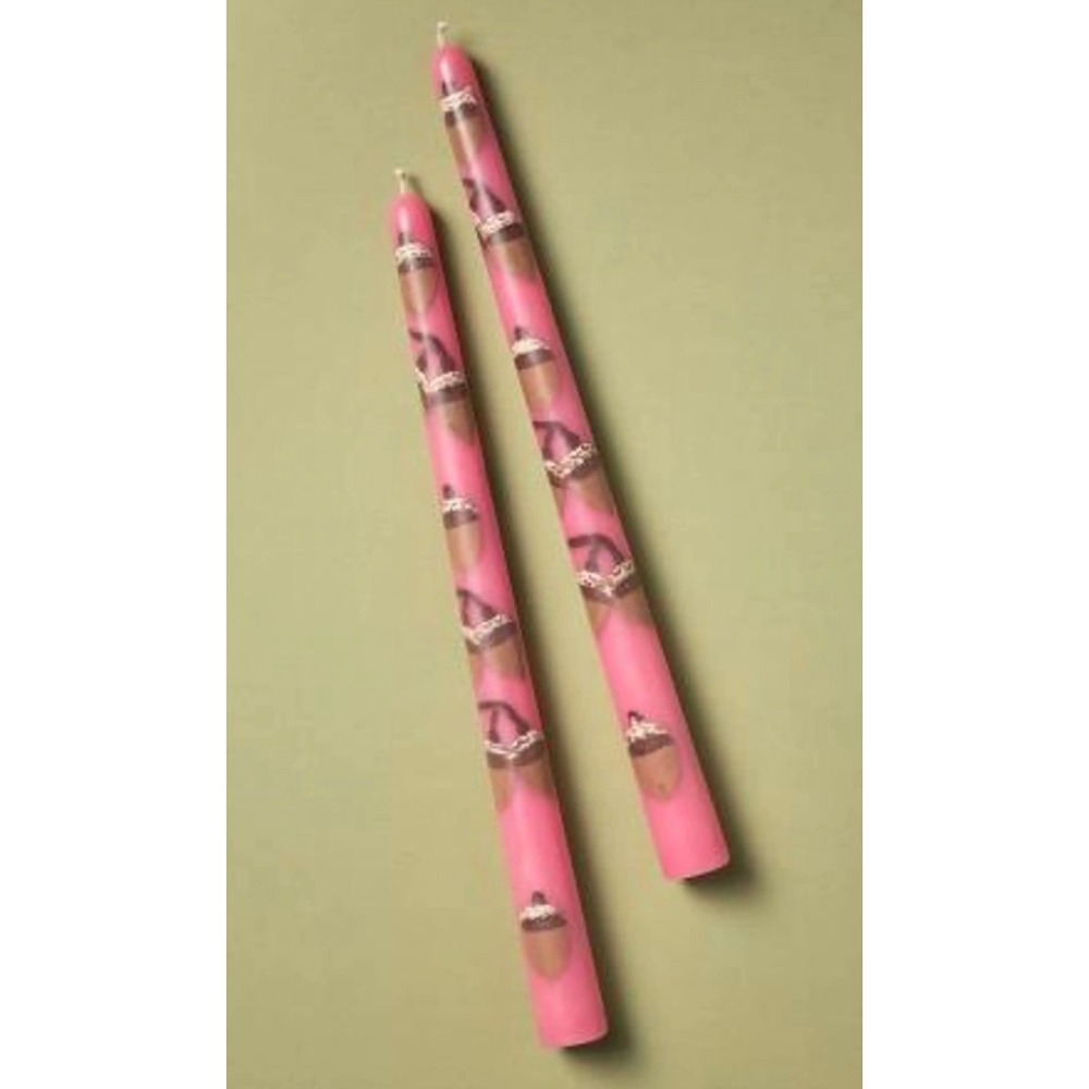 Anthropologie Hand Painted Pink Acorn Taper Candles Set of 2 12 Inch NEW